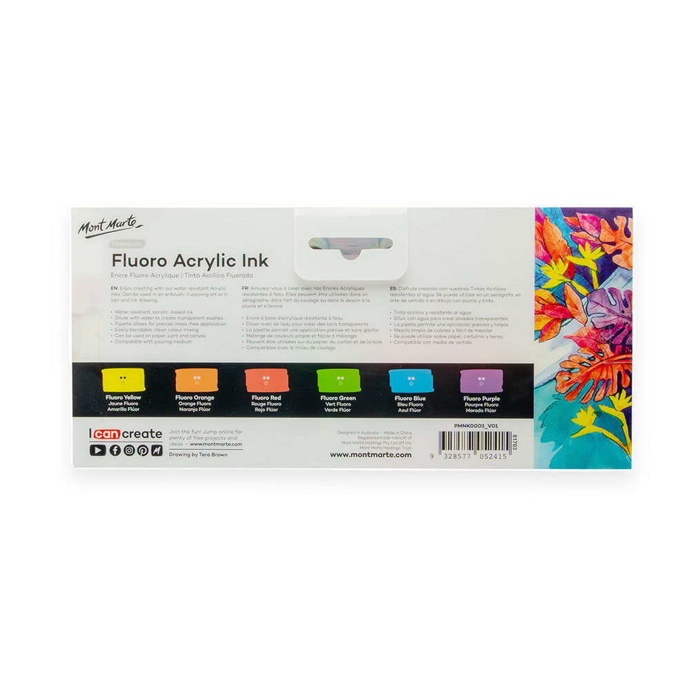 Mont Marte Fluoro Acrylic Ink Premium 6pc x 20ml (0.7 US fl.oz) – Mont  Marte Global