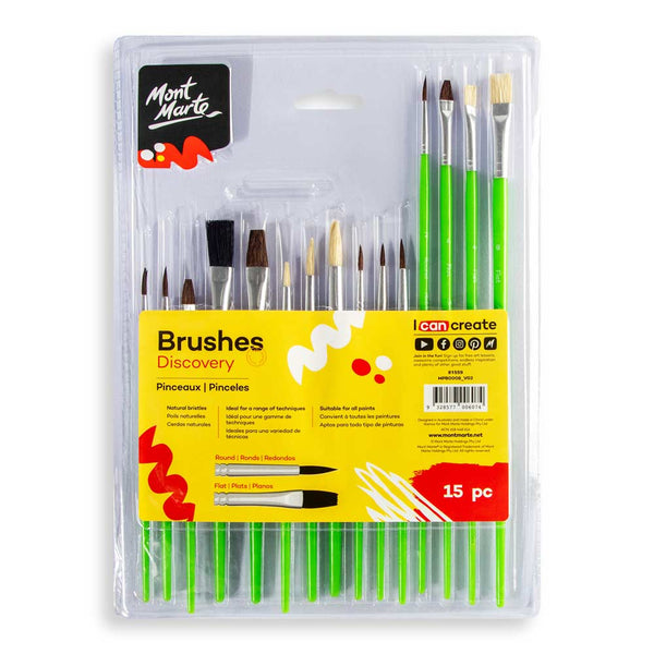 Mont Marte Premium Paint Brush Set 15 Piece | Includes 15 Different Brushes in a Roll Case with newest Magnetic Closure