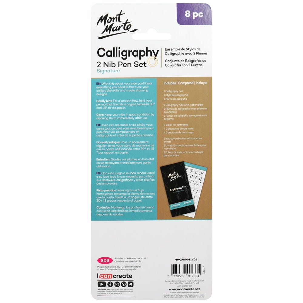 MONT MARTE 2 Nib Calligraphy Set, 8 Piece. Includes 1 Calligraphy Pen, 2  Calligraphy Nibs, 4 Black Ink Cartridges and an Instruction Booklet with