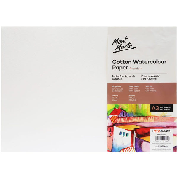 Cotton Watercolour Paper Premium 300gsm A4 (11.7 x 8.3in) 5 Sheets – Mont  Marte Global