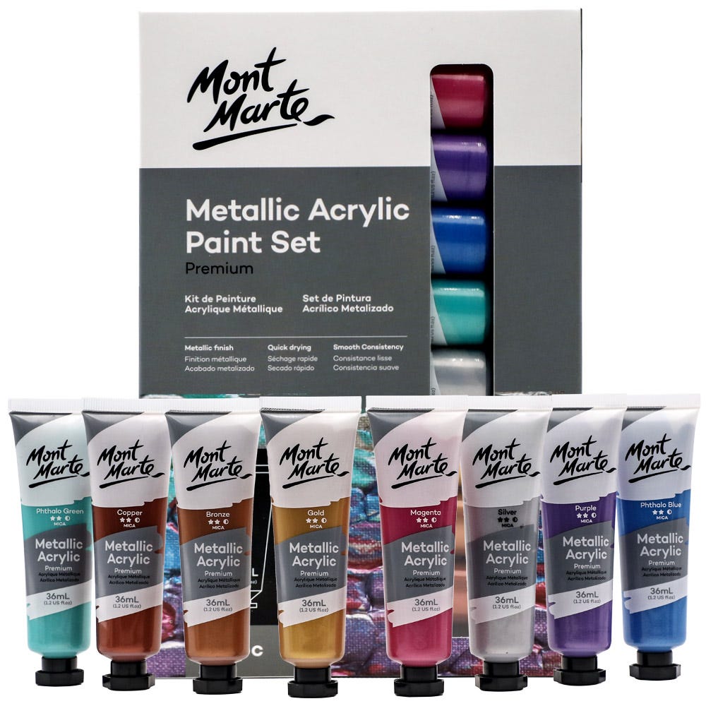 Mont Marte Metallic Acrylic Paint Set 8 Piece x 18 ml Tubes Lightfast Colors with Smooth Consistency and Opaque Metallic Finish.