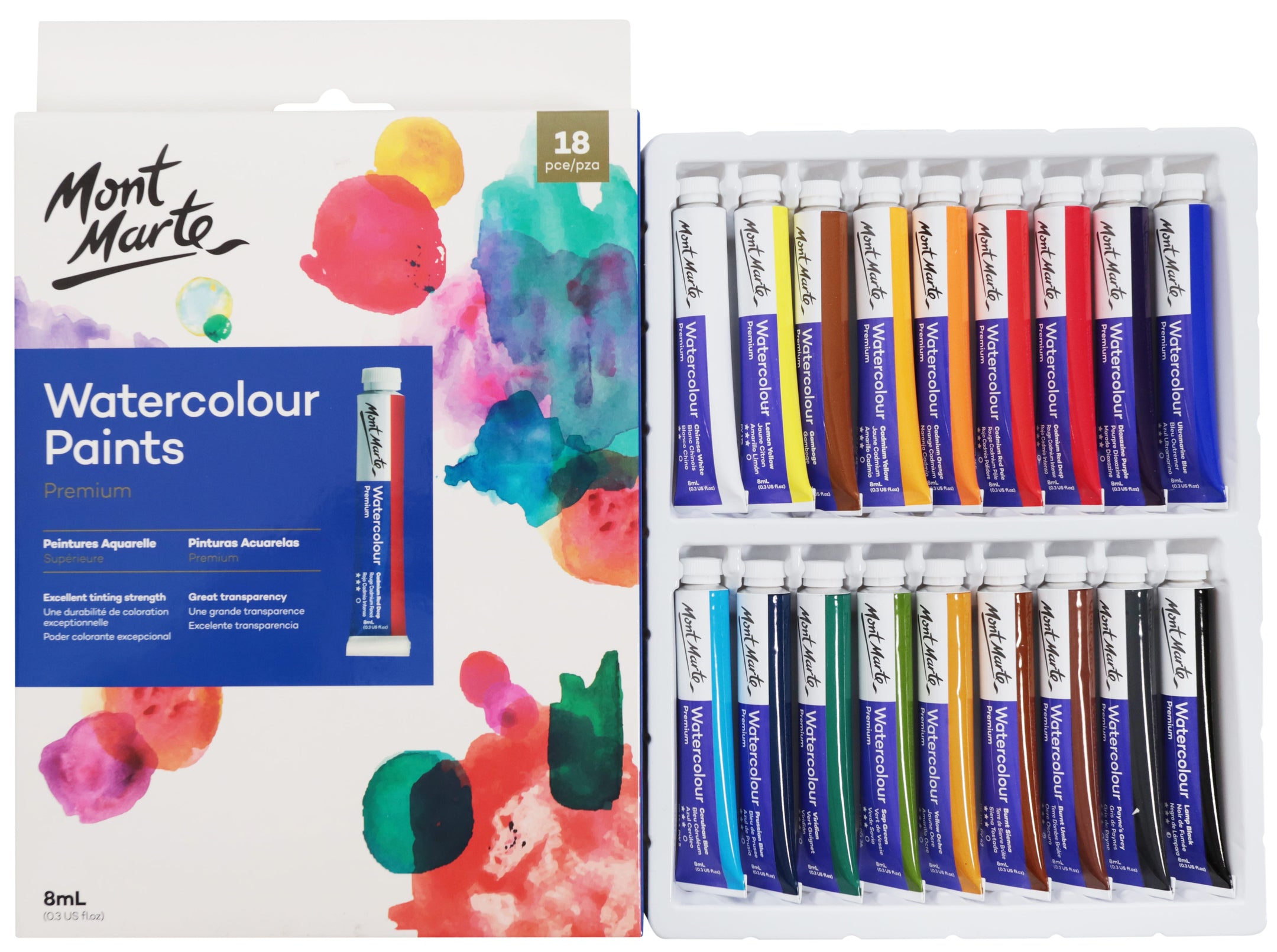 Watercolour Paints Premium 18pc x 8ml (0.3 US fl.oz) – Mont Marte